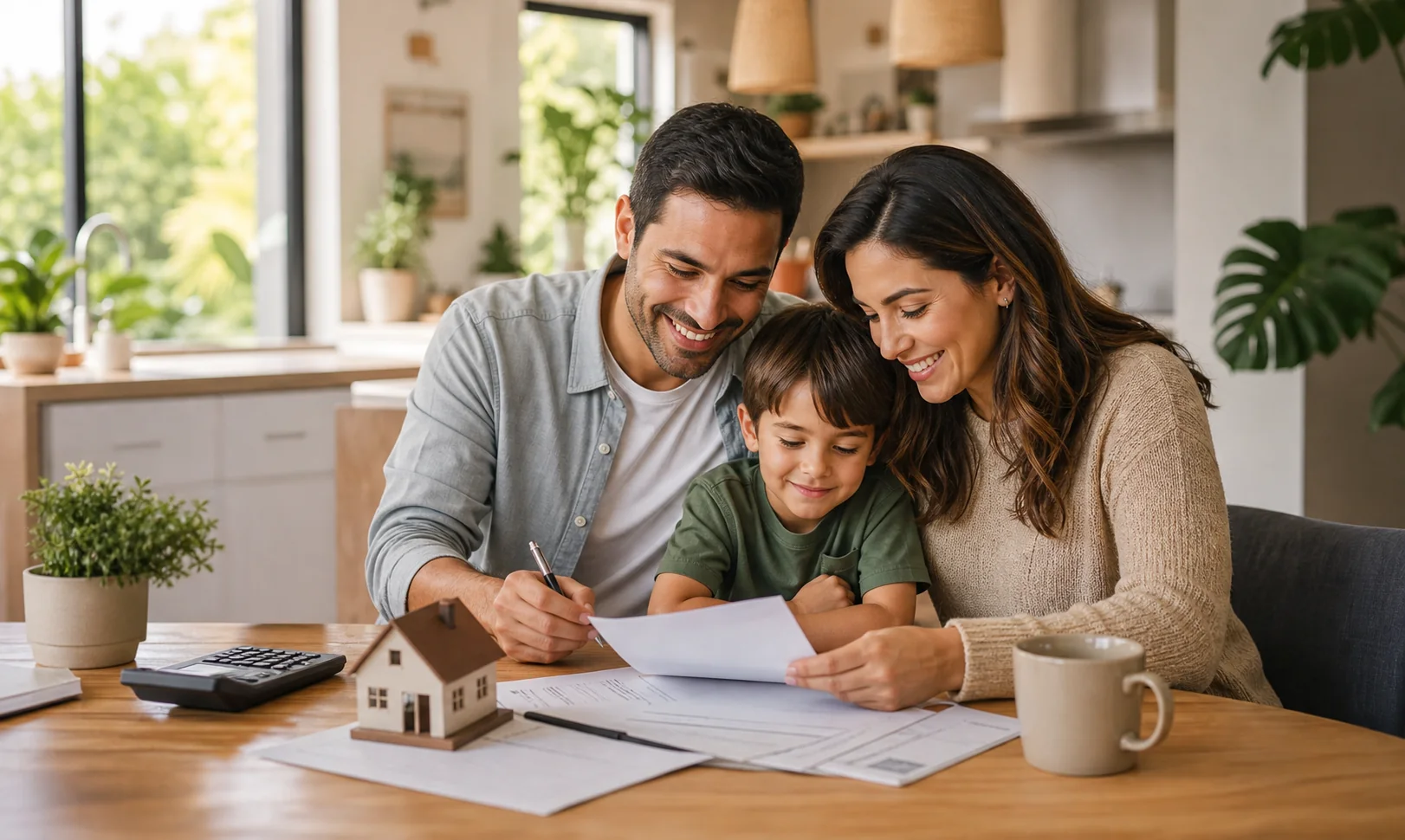 Family reviewing home buying papers