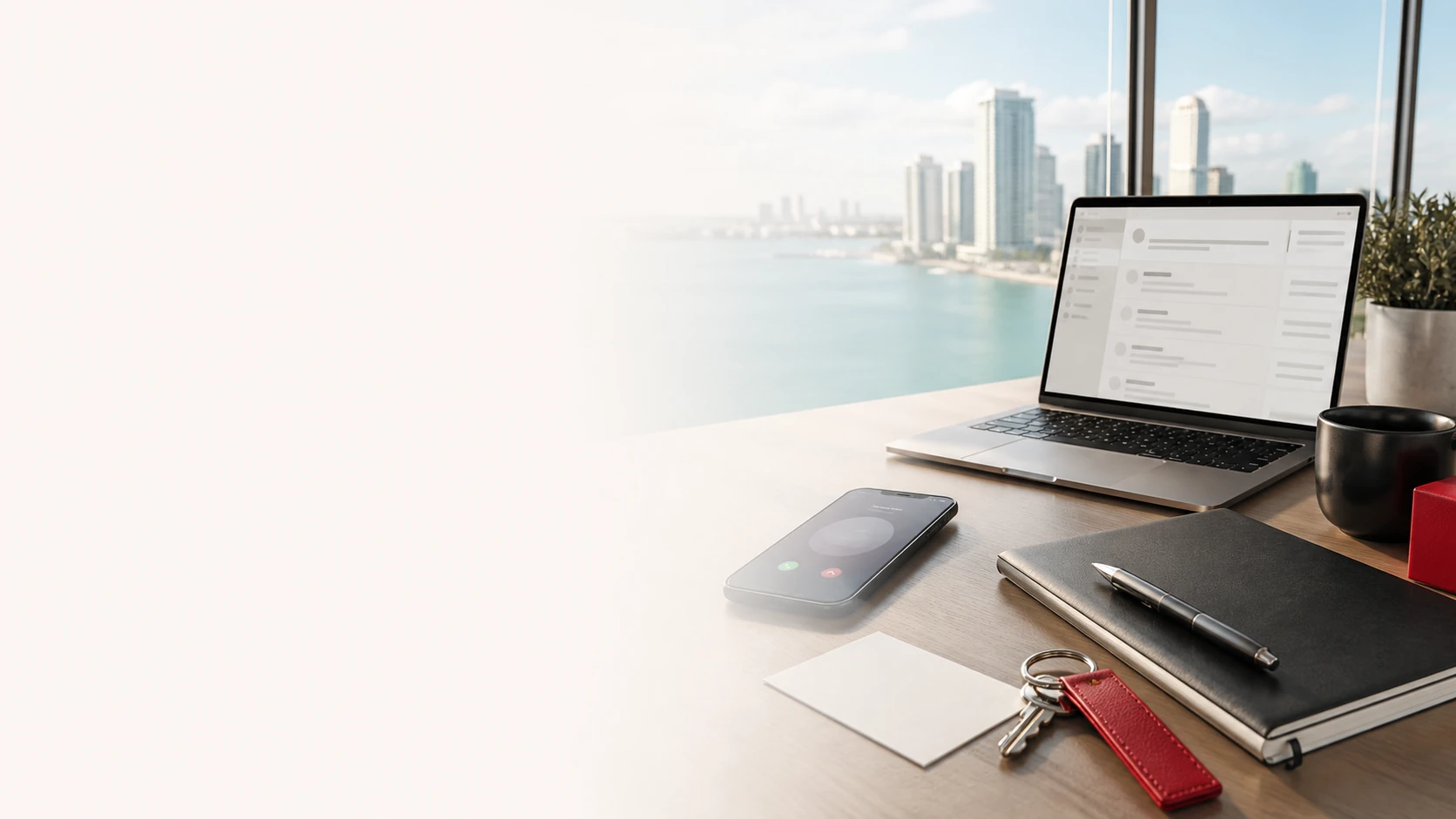 Miami brokerage contact desk overlooking the waterfront