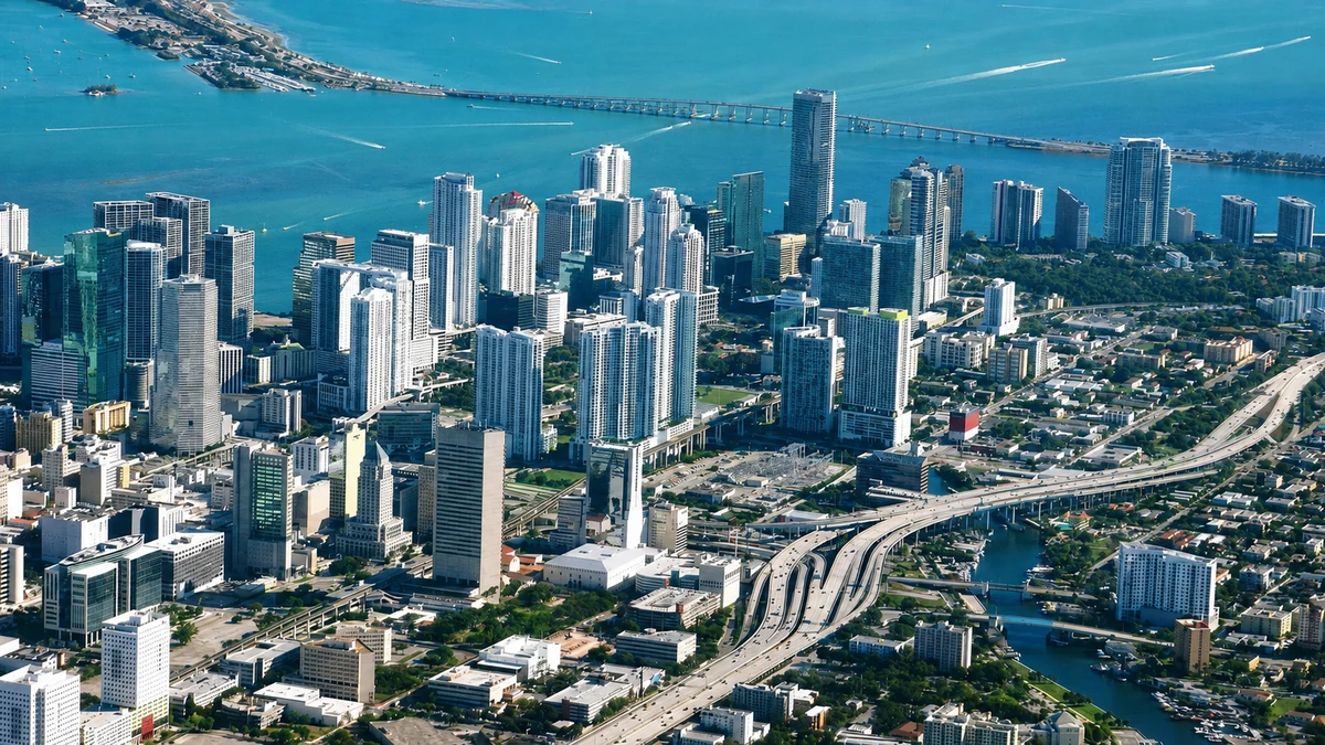 Aerial view of downtown Miami, Brickell and Biscayne Bay