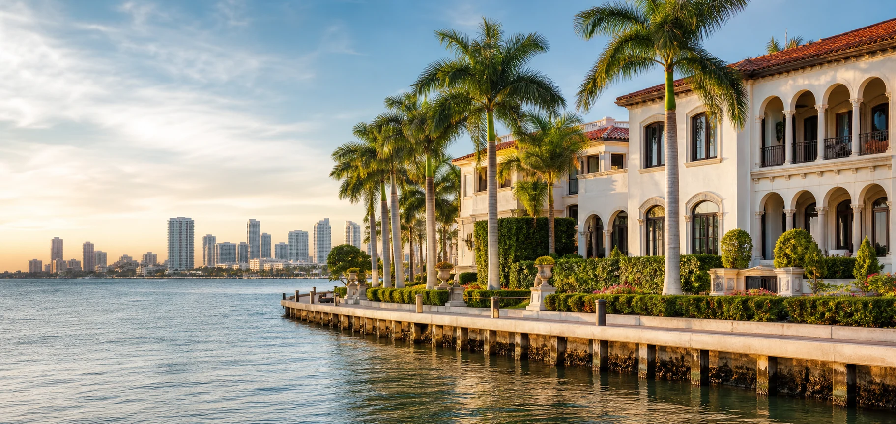 Coral Gables waterfront neighborhood with palm trees and Mediterranean architecture